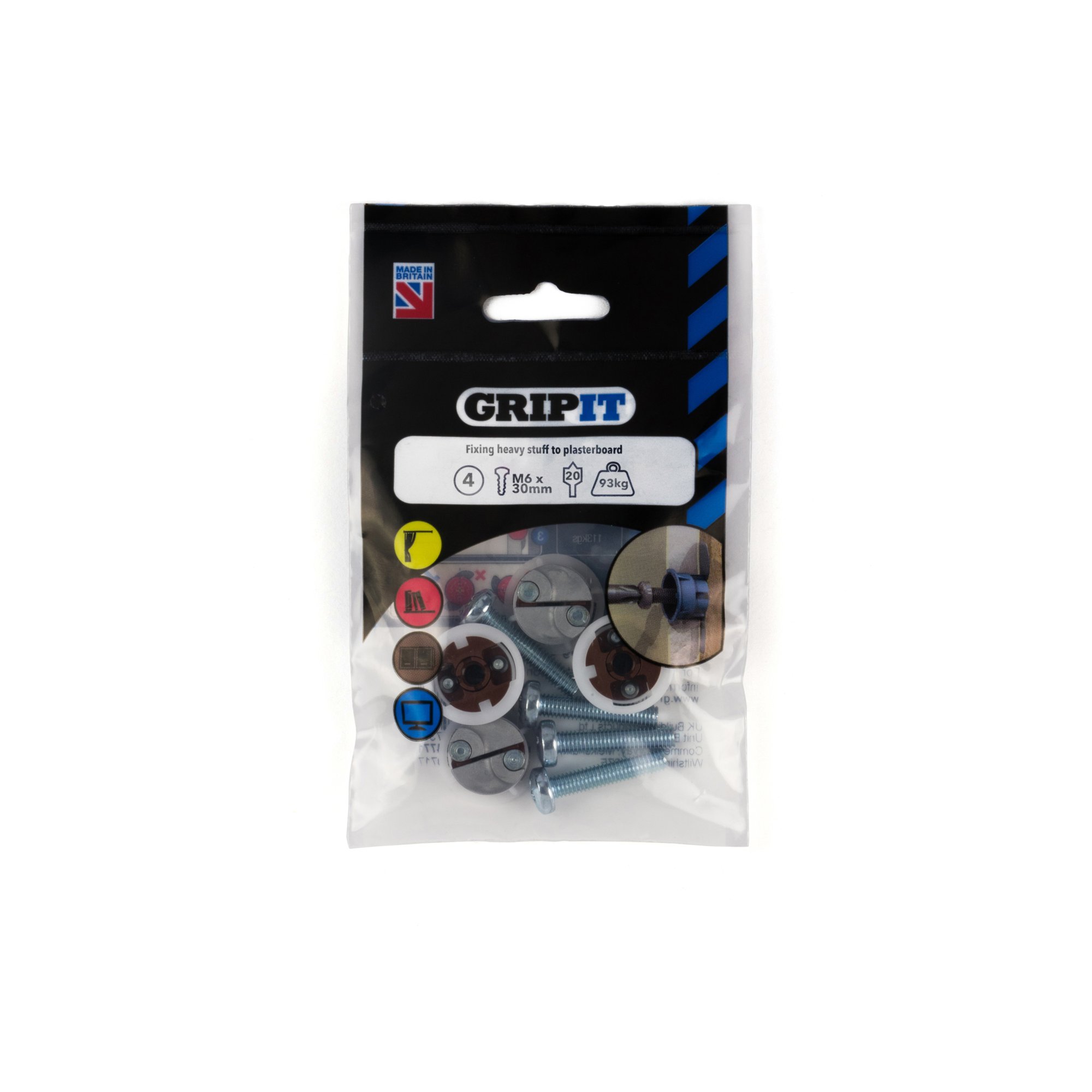 Gripit 20mm M6 x 30 Bolt 93kg  8 per pack  Plasterboard fixing