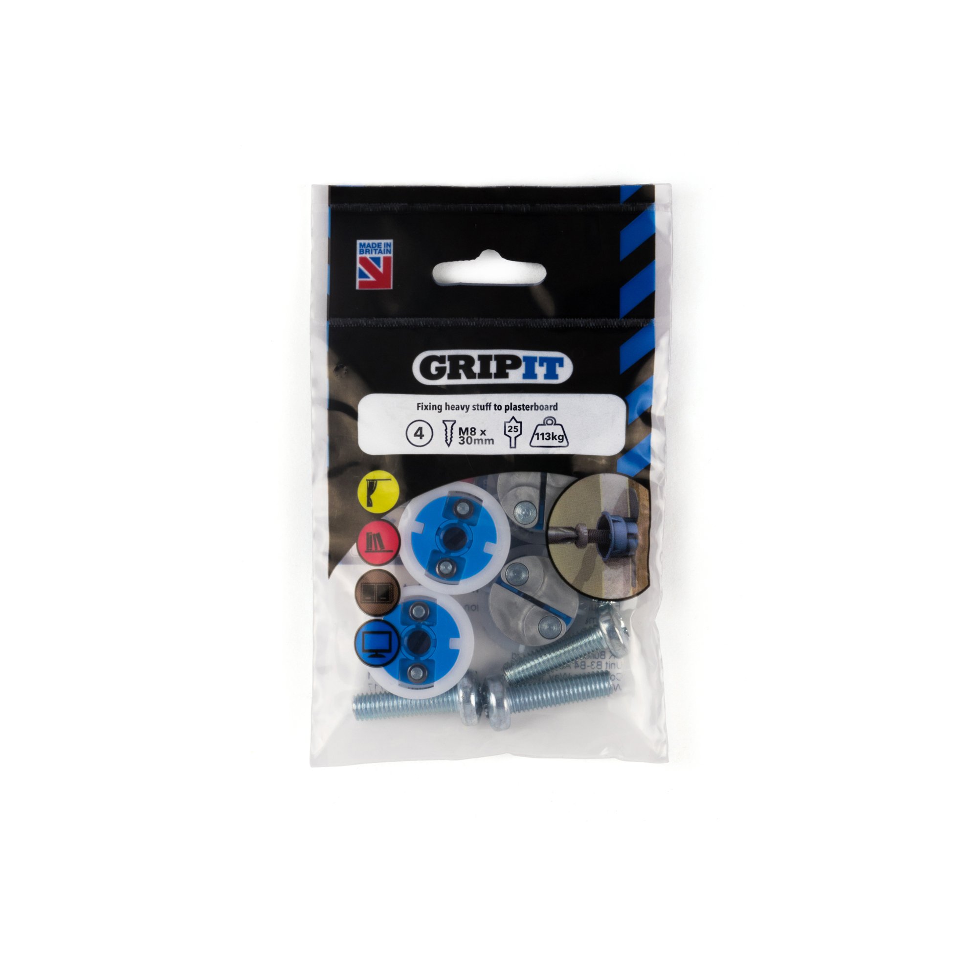 Gripit 25mm  M8 x 30 Bolt 113kg  8 per pack  Plasterboard fixing